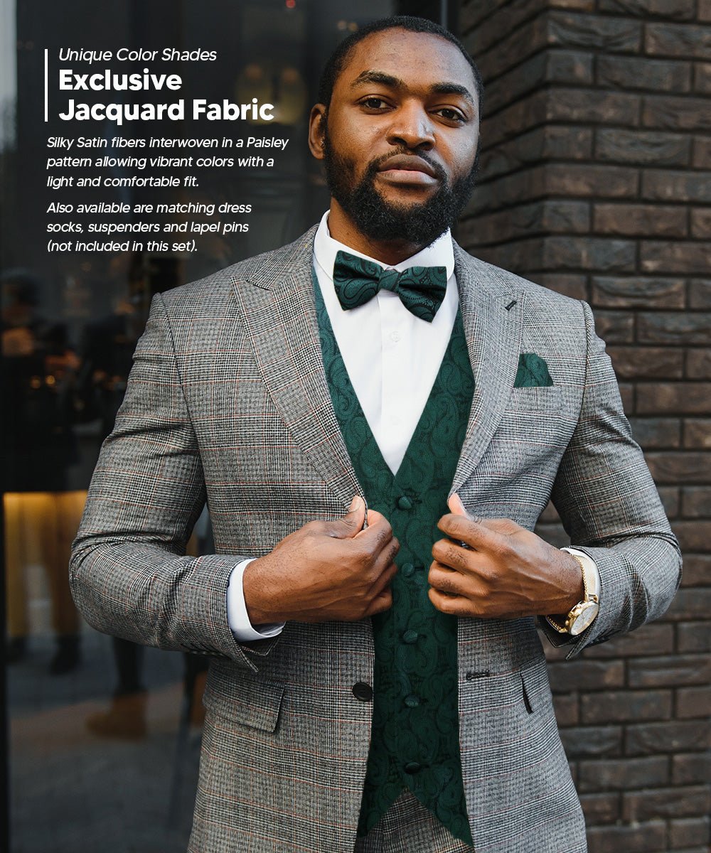 Vittorio Farina Men's Woven Paisley Vest, Necktie, Bow Tie and Pocket Square Set (Black Back) - Concordia Style Boutique