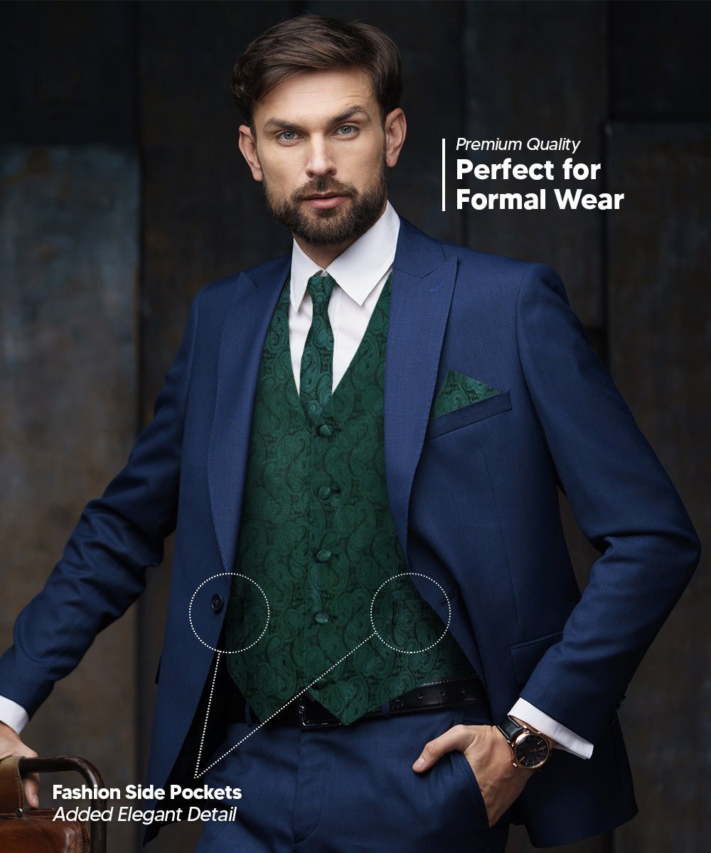 Vittorio Farina Men's Woven Paisley Vest, Necktie, Bow Tie and Pocket Square Set (Black Back) - Concordia Style Boutique