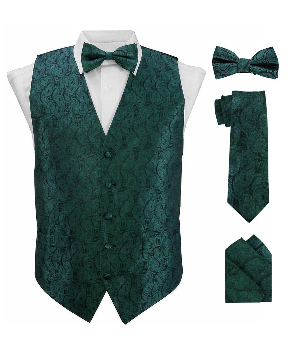 Vittorio Farina Men's Woven Paisley Vest, Necktie, Bow Tie and Pocket Square Set (Black Back) - Concordia Style Boutique