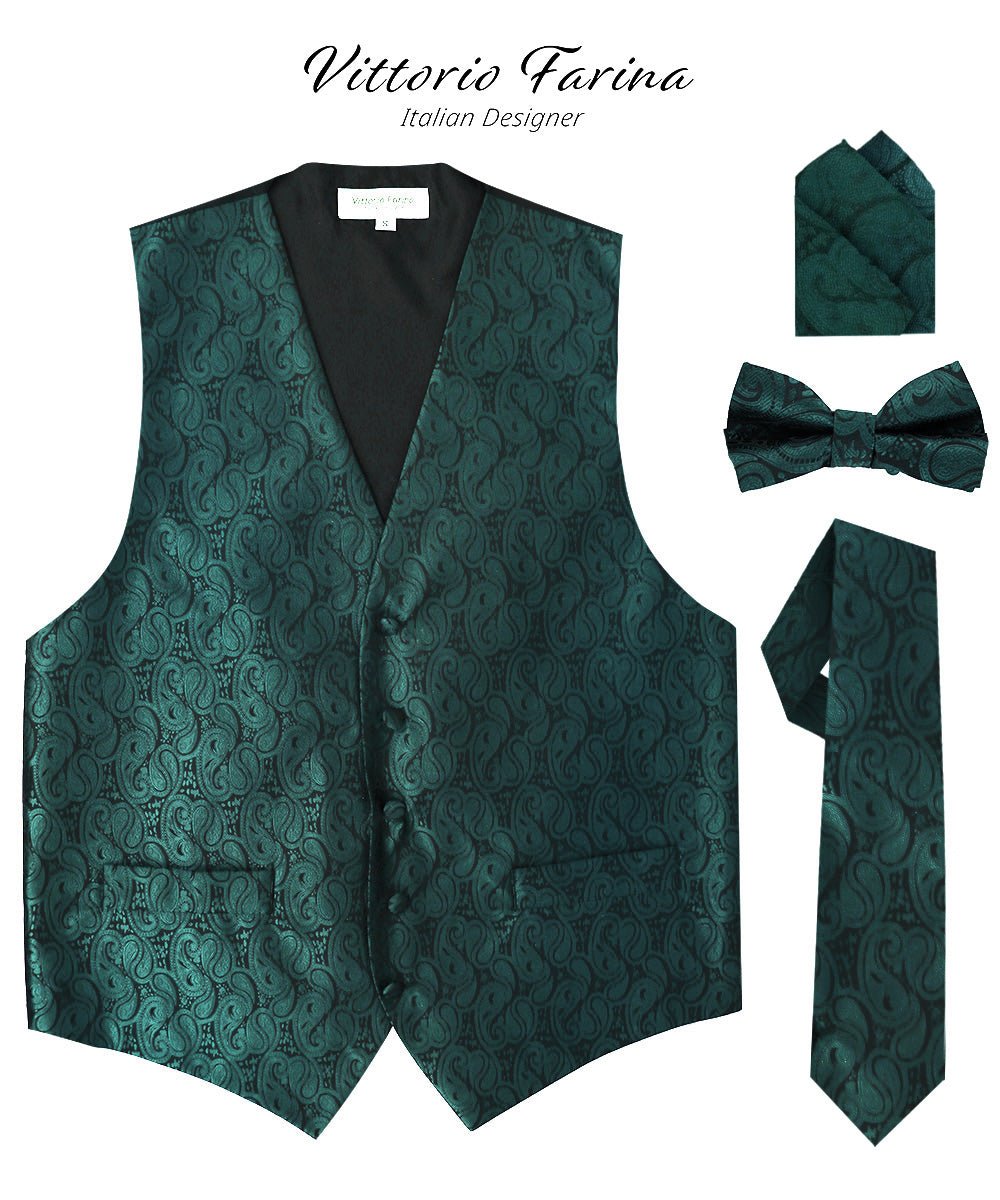 Vittorio Farina Men's Woven Paisley Vest, Necktie, Bow Tie and Pocket Square Set (Black Back) - Concordia Style Boutique