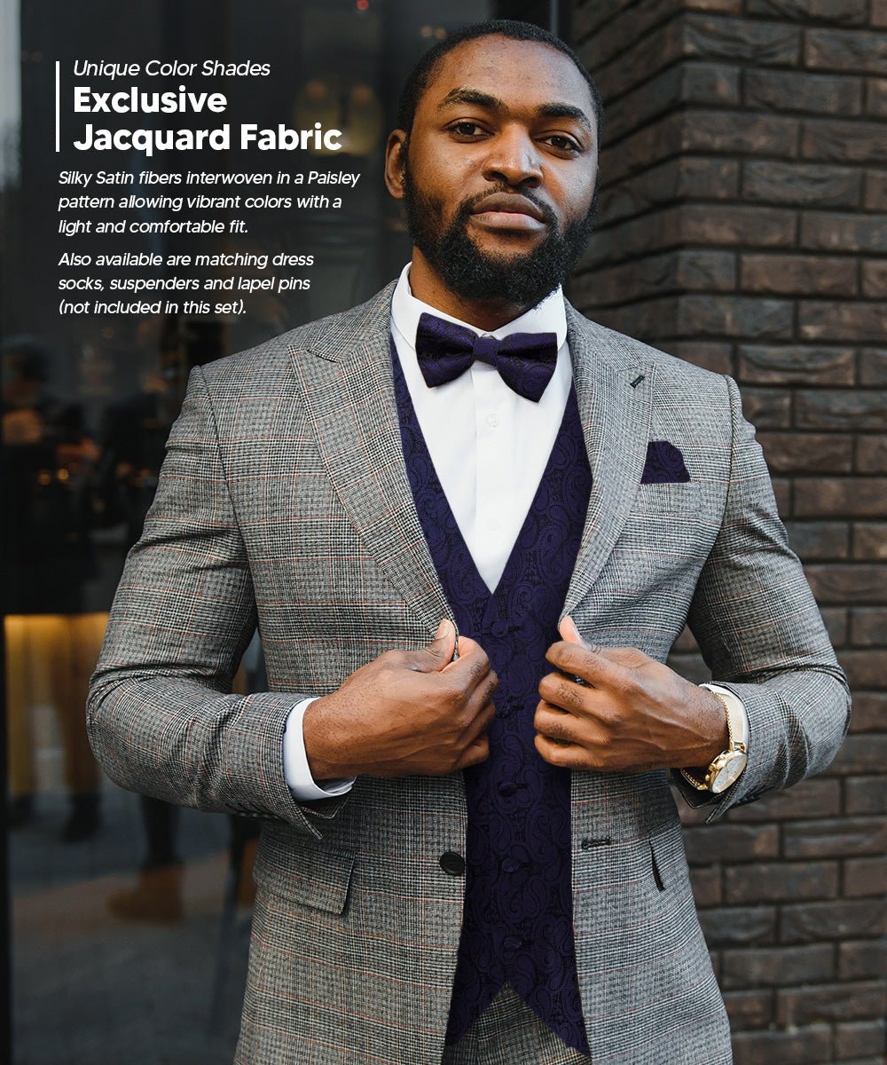 Vittorio Farina Men's Woven Paisley Vest, Necktie, Bow Tie and Pocket Square Set (Black Back) - Concordia Style Boutique