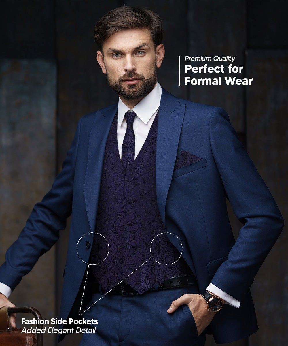 Vittorio Farina Men's Woven Paisley Vest, Necktie, Bow Tie and Pocket Square Set (Black Back) - Concordia Style Boutique