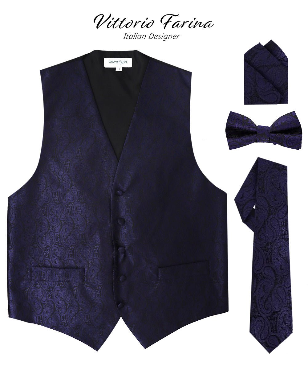 Vittorio Farina Men's Woven Paisley Vest, Necktie, Bow Tie and Pocket Square Set (Black Back) - Concordia Style Boutique