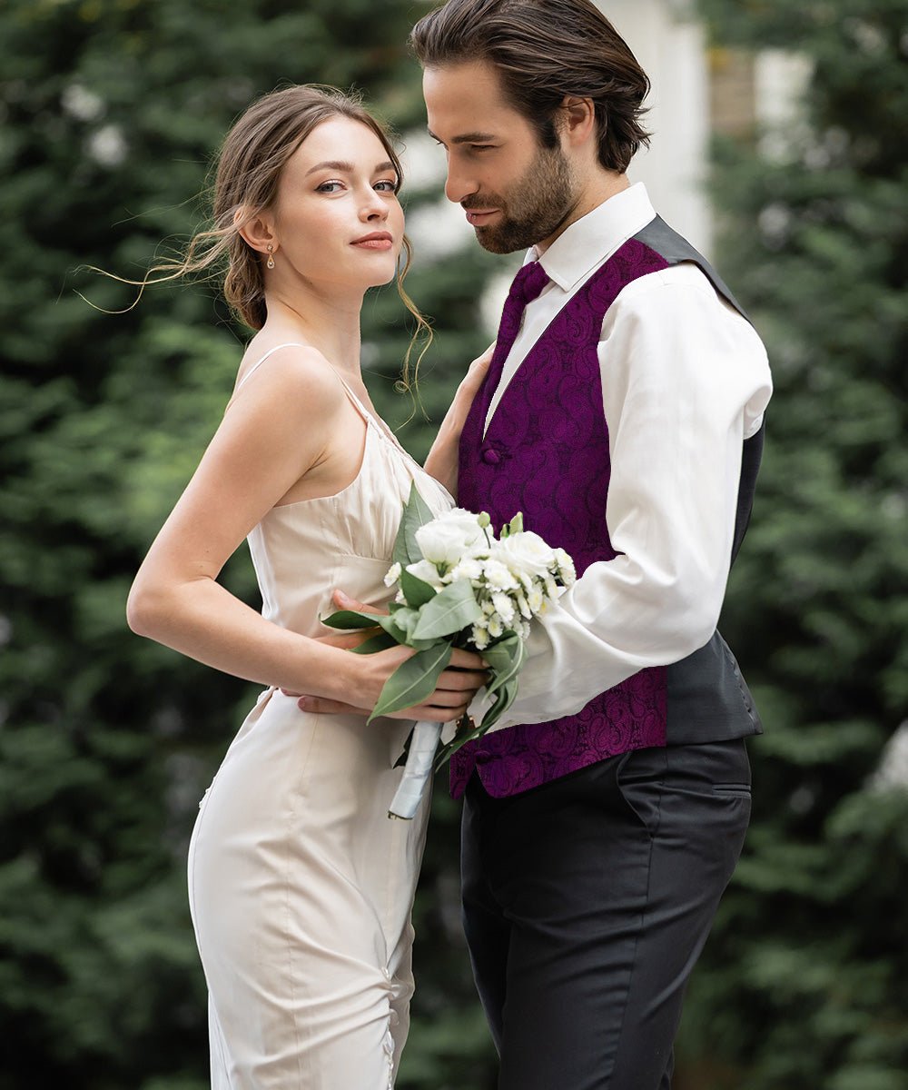 Vittorio Farina Men's Woven Paisley Vest, Necktie, Bow Tie and Pocket Square Set (Black Back) - Concordia Style Boutique