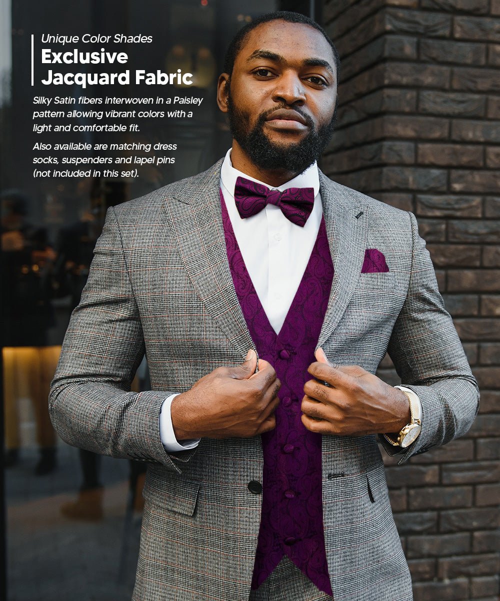 Vittorio Farina Men's Woven Paisley Vest, Necktie, Bow Tie and Pocket Square Set (Black Back) - Concordia Style Boutique