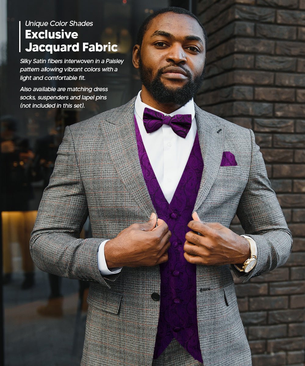 Vittorio Farina Men's Woven Paisley Vest, Necktie, Bow Tie and Pocket Square Set (Black Back)