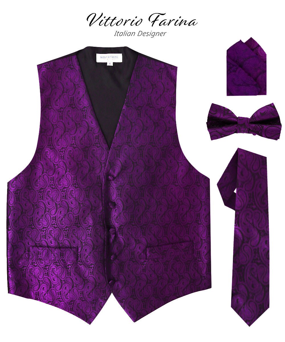 Vittorio Farina Men's Woven Paisley Vest, Necktie, Bow Tie and Pocket Square Set (Black Back)