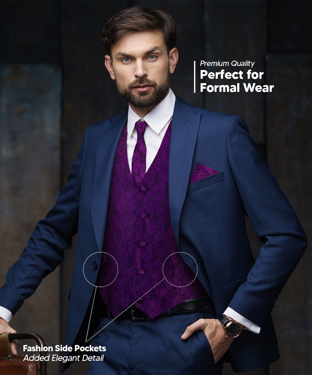 Vittorio Farina Men's Woven Paisley Vest, Necktie, Bow Tie and Pocket Square Set (Black Back)