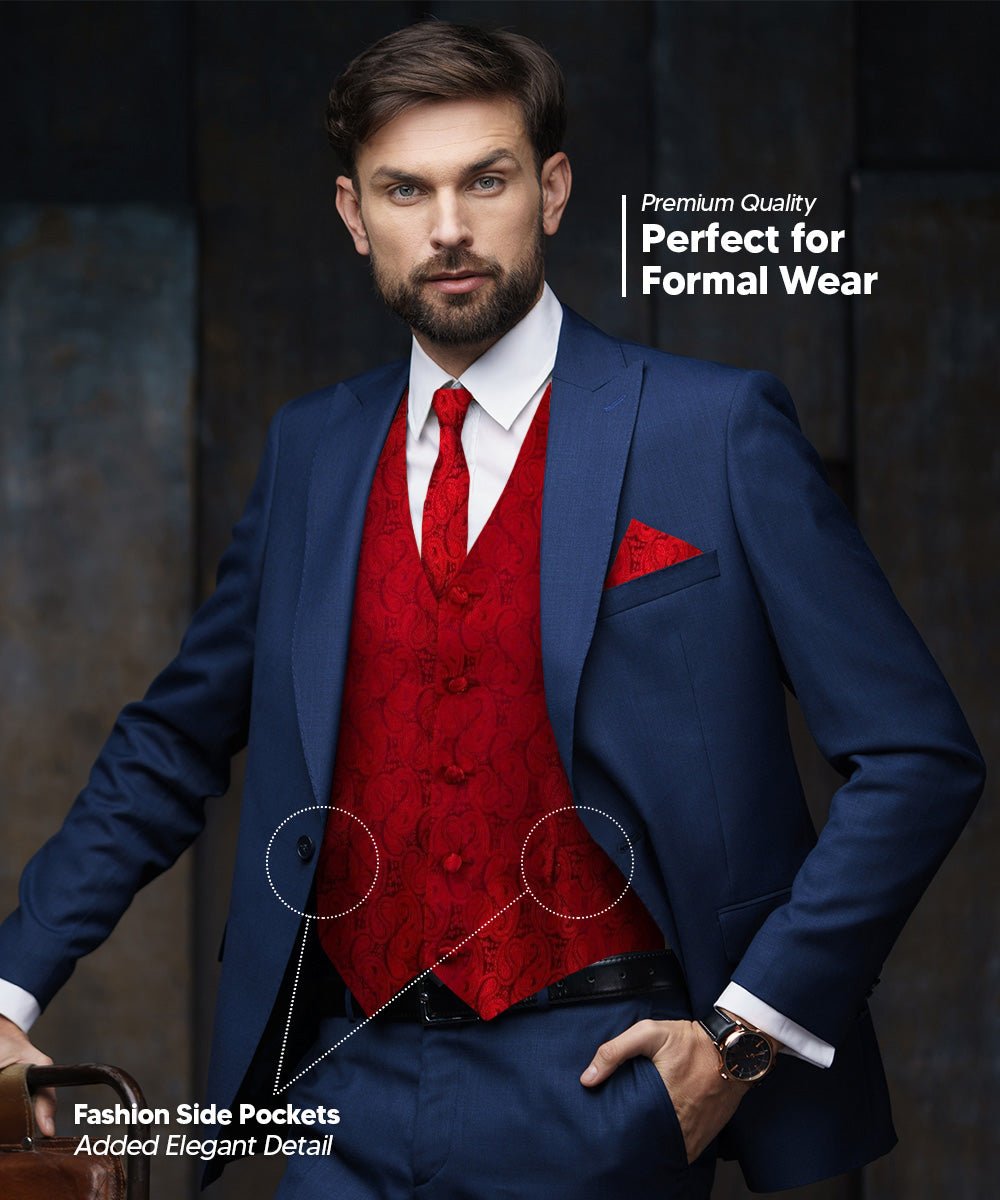 Vittorio Farina Men's Woven Paisley Vest, Necktie, Bow Tie and Pocket Square Set (Black Back)