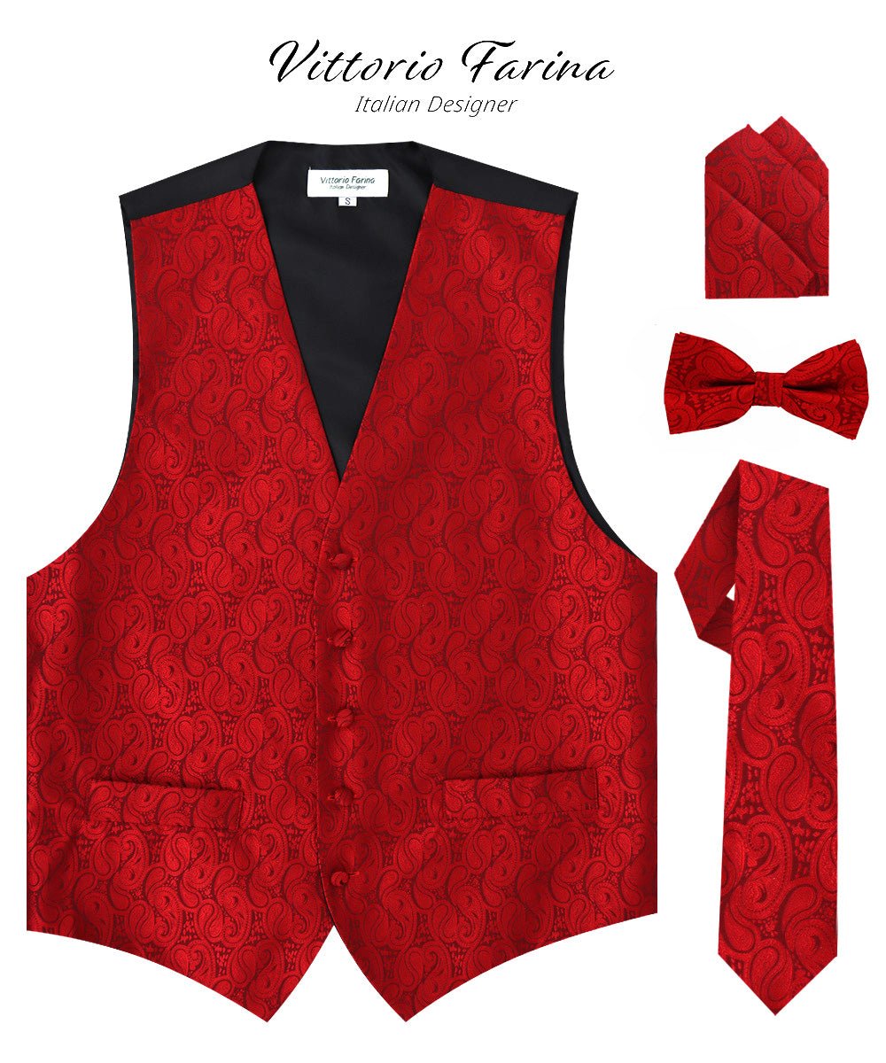 Vittorio Farina Men's Woven Paisley Vest, Necktie, Bow Tie and Pocket Square Set (Black Back)