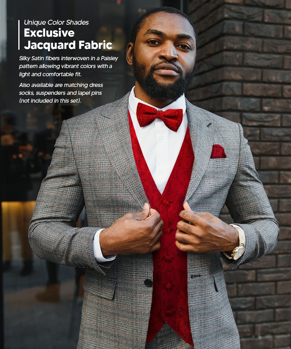 Vittorio Farina Men's Woven Paisley Vest, Necktie, Bow Tie and Pocket Square Set (Black Back)