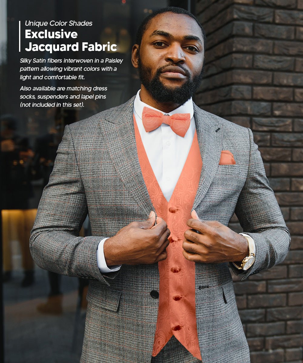 Vittorio Farina Men's Woven Paisley Vest, Necktie, Bow Tie and Pocket Square Set (Black Back)