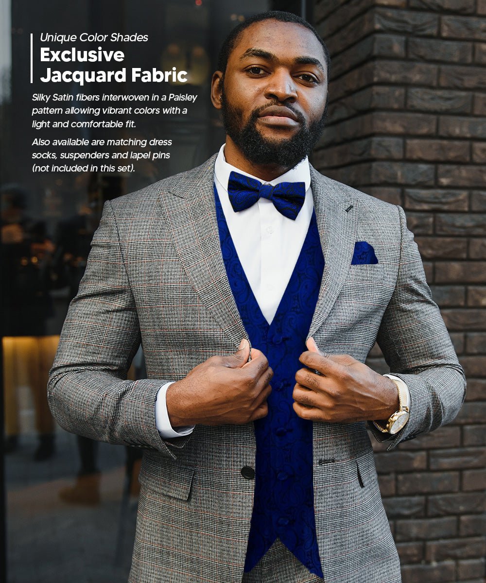 Vittorio Farina Men's Woven Paisley Vest, Necktie, Bow Tie and Pocket Square Set (Black Back)