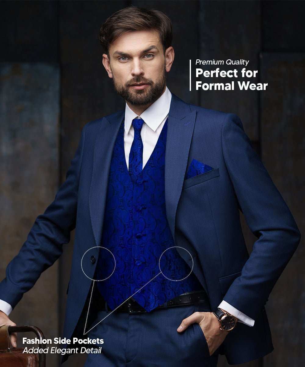 Vittorio Farina Men's Woven Paisley Vest, Necktie, Bow Tie and Pocket Square Set (Black Back)