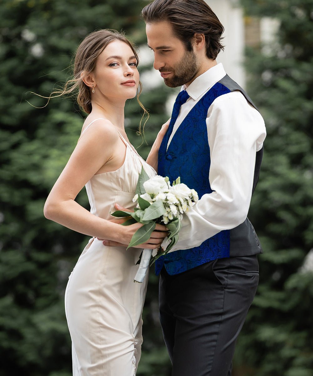 Vittorio Farina Men's Woven Paisley Vest, Necktie, Bow Tie and Pocket Square Set (Black Back)