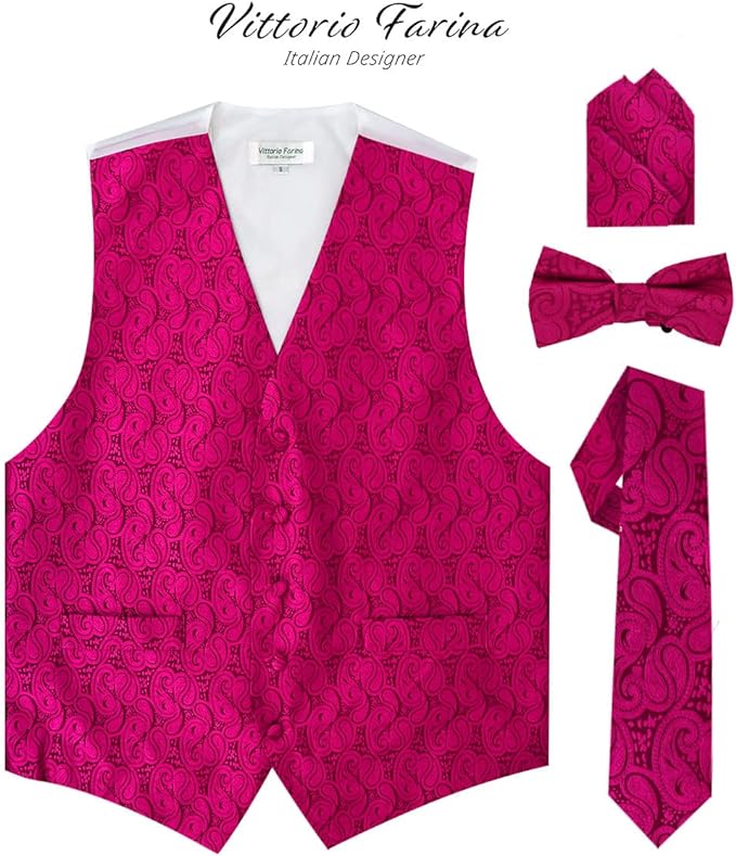 Vittorio Farina Men's Mint Woven Paisley Vest, Necktie, Bow Tie and Pocket Square Set (White Back)