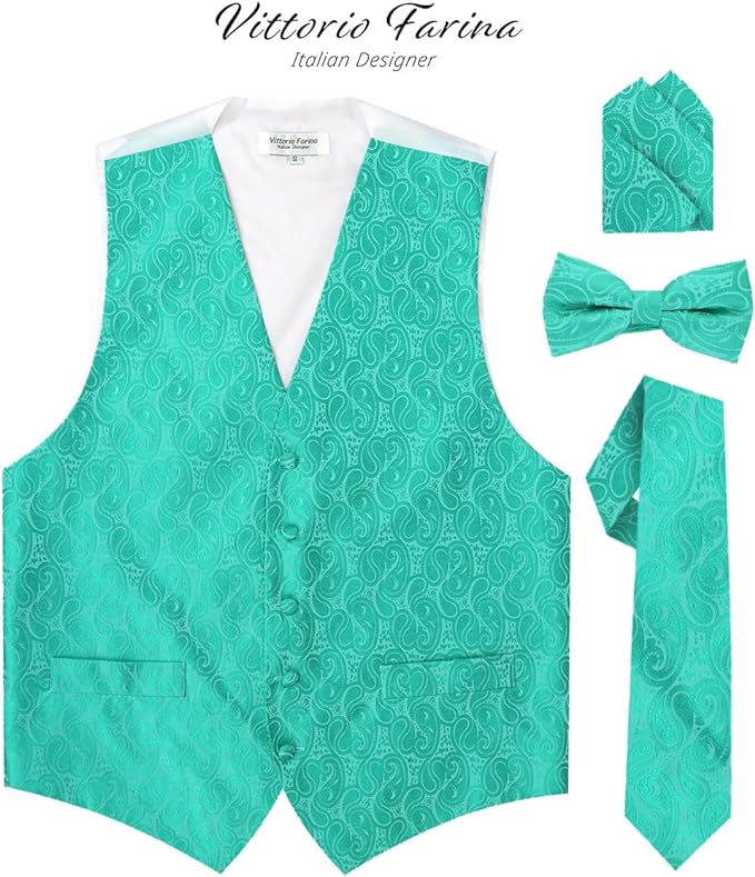 Vittorio Farina Men's Mint Woven Paisley Vest, Necktie, Bow Tie and Pocket Square Set (White Back)