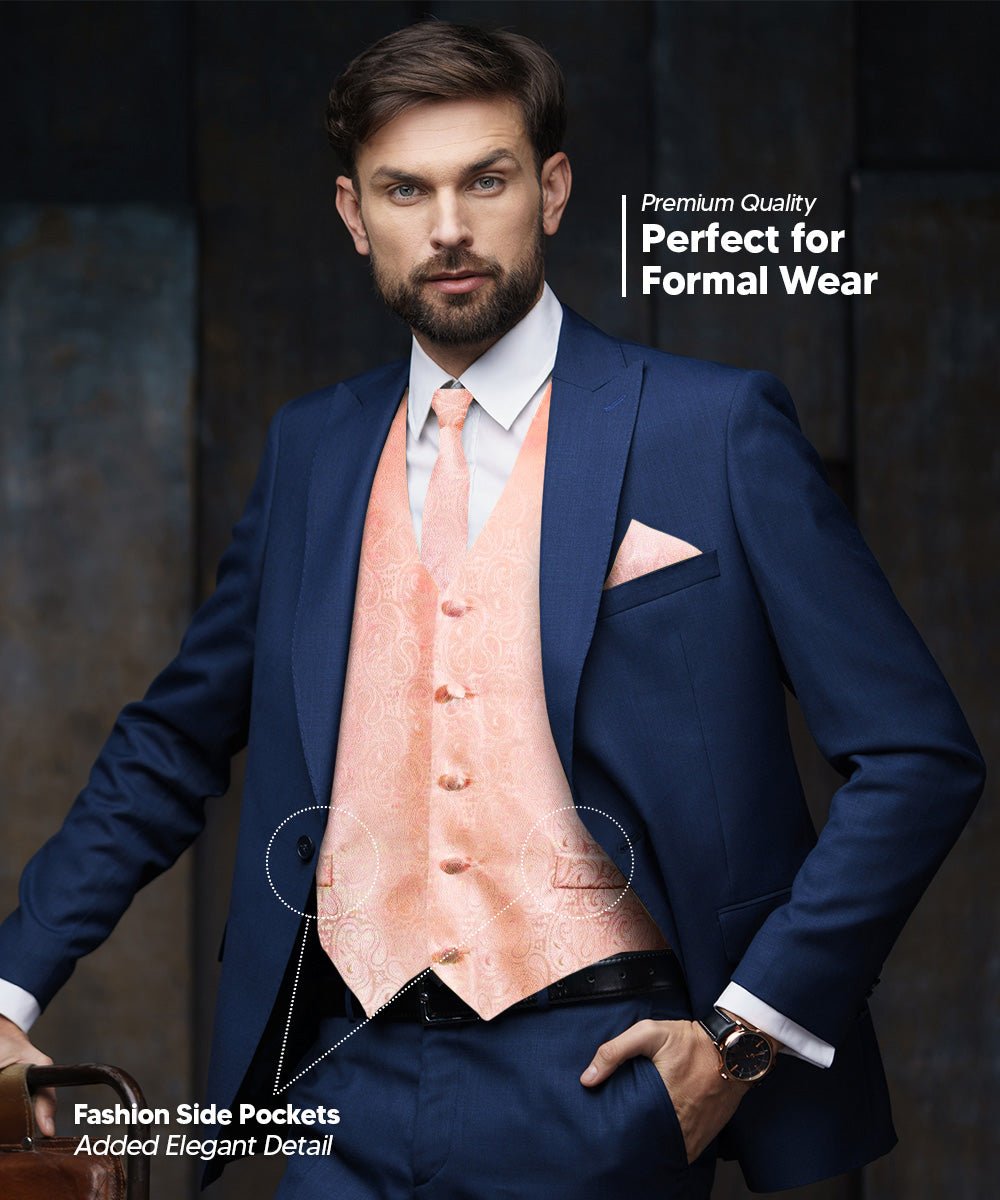 Vittorio Farina Men's Mint Woven Paisley Vest, Necktie, Bow Tie and Pocket Square Set (White Back)