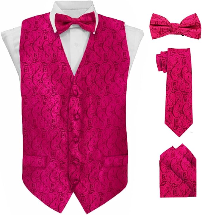 Vittorio Farina Men's Mint Woven Paisley Vest, Necktie, Bow Tie and Pocket Square Set (White Back)