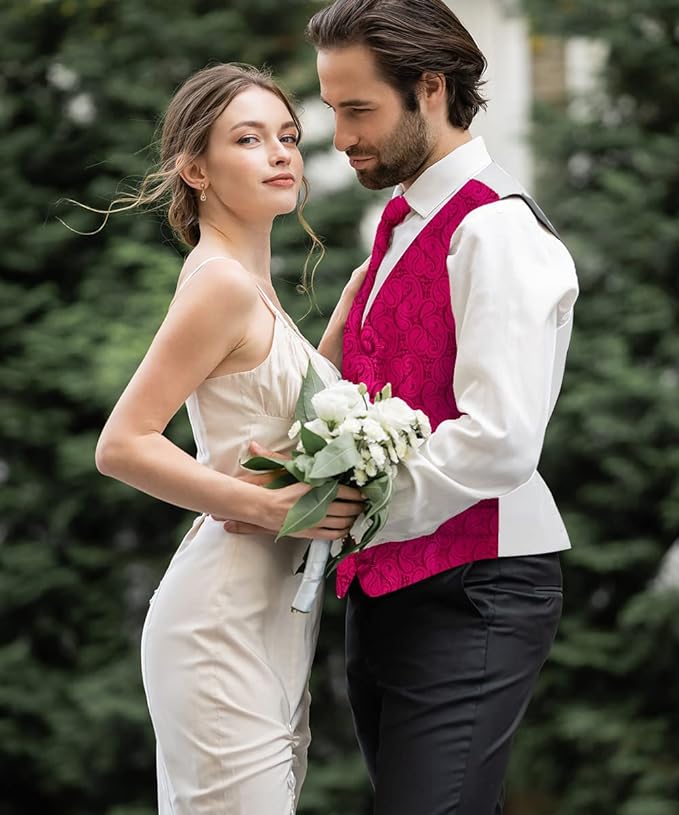 Vittorio Farina Men's Mint Woven Paisley Vest, Necktie, Bow Tie and Pocket Square Set (White Back)