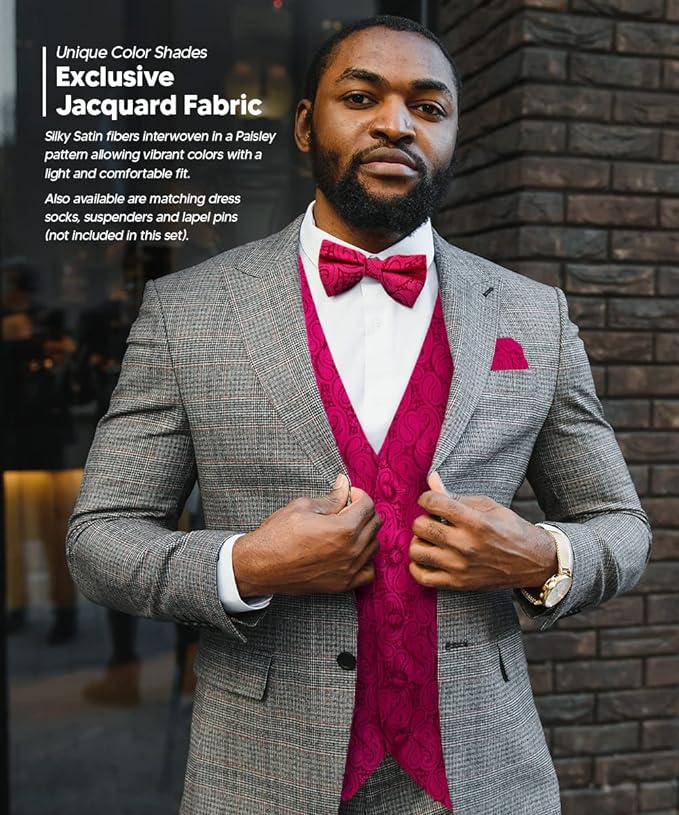 Vittorio Farina Men's Mint Woven Paisley Vest, Necktie, Bow Tie and Pocket Square Set (White Back)