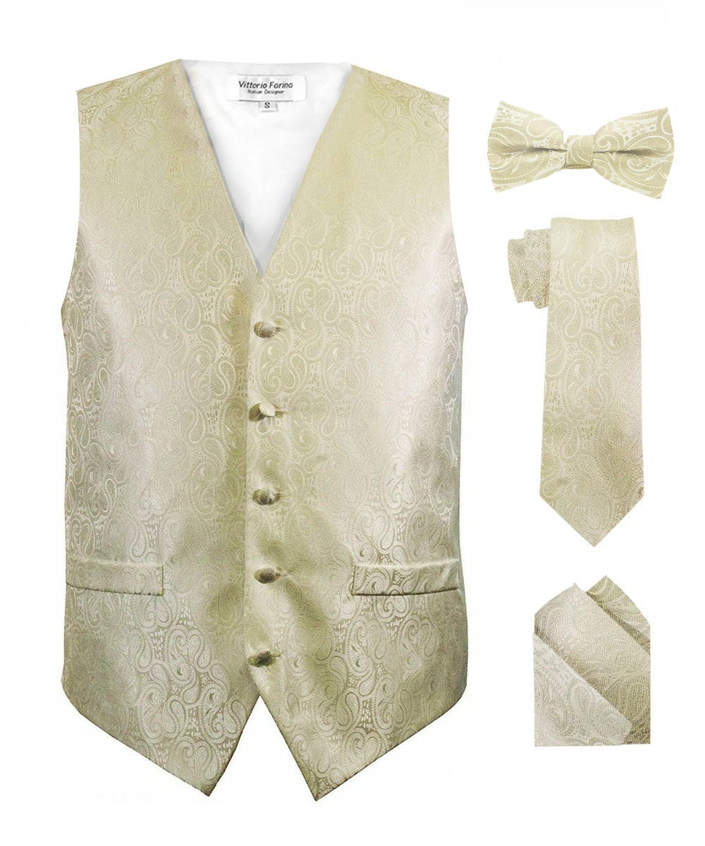 Vittorio Farina Men's Mint Woven Paisley Vest, Necktie, Bow Tie and Pocket Square Set (White Back)