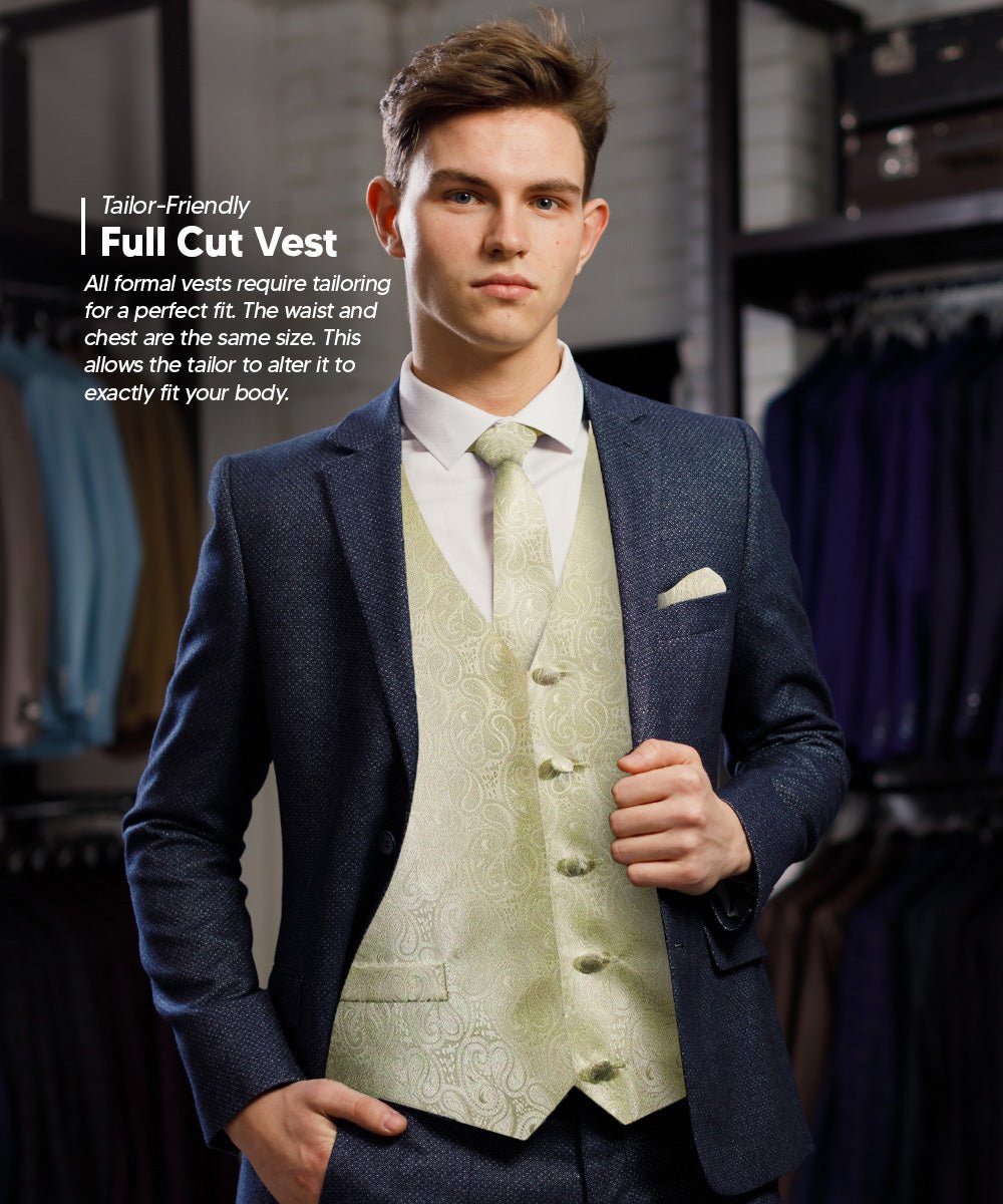 Vittorio Farina Men's Mint Woven Paisley Vest, Necktie, Bow Tie and Pocket Square Set (White Back)