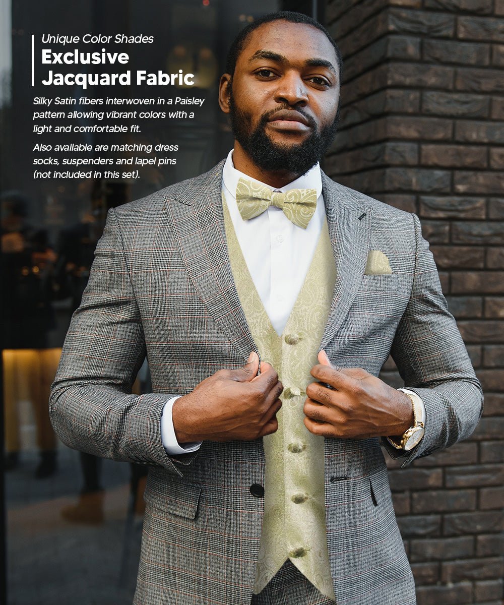 Vittorio Farina Men's Mint Woven Paisley Vest, Necktie, Bow Tie and Pocket Square Set (White Back)