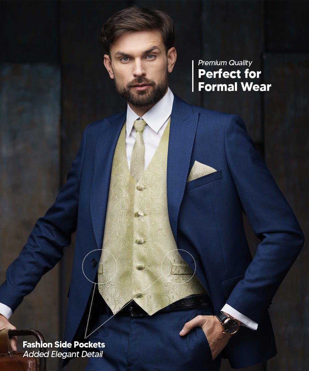 Vittorio Farina Men's Mint Woven Paisley Vest, Necktie, Bow Tie and Pocket Square Set (White Back)