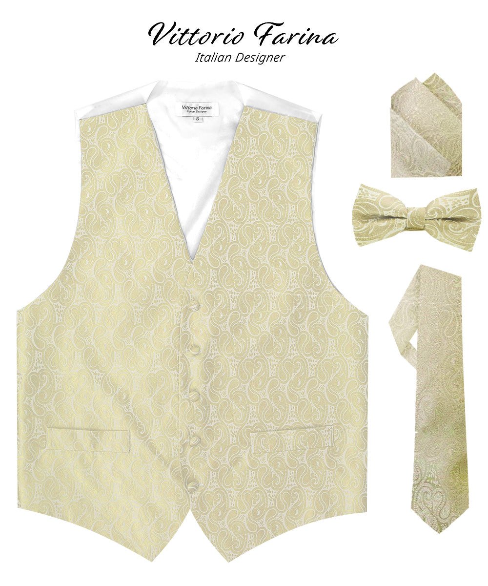 Vittorio Farina Men's Mint Woven Paisley Vest, Necktie, Bow Tie and Pocket Square Set (White Back)