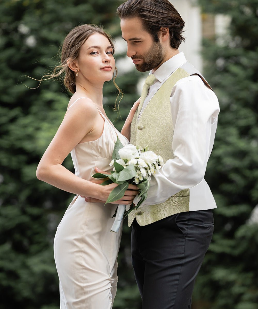 Vittorio Farina Men's Mint Woven Paisley Vest, Necktie, Bow Tie and Pocket Square Set (White Back)