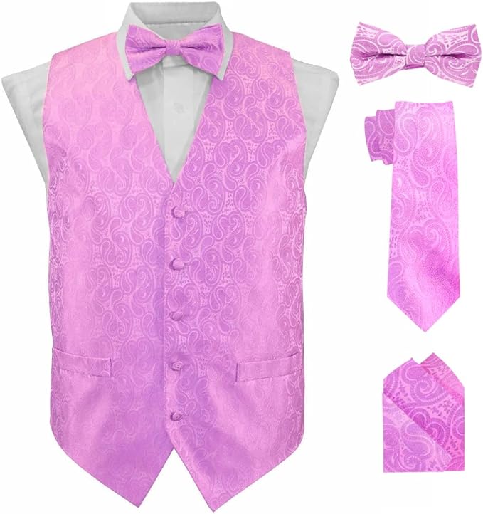 Vittorio Farina Men's Mint Woven Paisley Vest, Necktie, Bow Tie and Pocket Square Set (White Back)