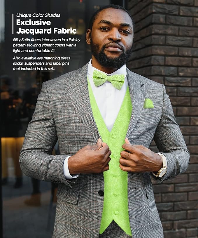 Vittorio Farina Men's Mint Woven Paisley Vest, Necktie, Bow Tie and Pocket Square Set (White Back)