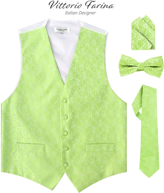 Vittorio Farina Men's Mint Woven Paisley Vest, Necktie, Bow Tie and Pocket Square Set (White Back)
