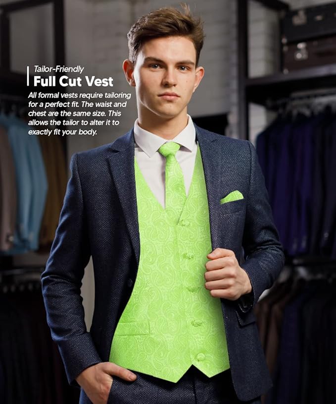 Vittorio Farina Men's Mint Woven Paisley Vest, Necktie, Bow Tie and Pocket Square Set (White Back)