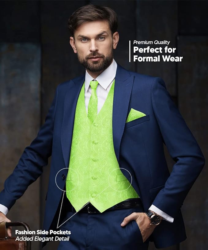 Vittorio Farina Men's Mint Woven Paisley Vest, Necktie, Bow Tie and Pocket Square Set (White Back)