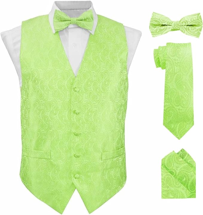 Vittorio Farina Men's Mint Woven Paisley Vest, Necktie, Bow Tie and Pocket Square Set (White Back)