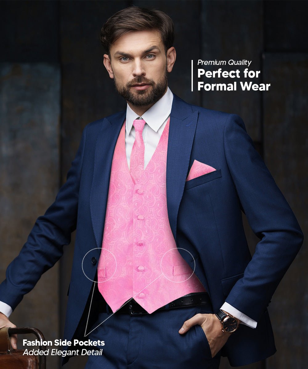 Vittorio Farina Men's Woven Paisley Vest, Necktie, Bow Tie and Pocket Square Set (White Back)