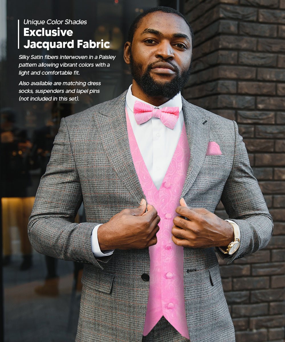 Vittorio Farina Men's Woven Paisley Vest, Necktie, Bow Tie and Pocket Square Set (White Back)