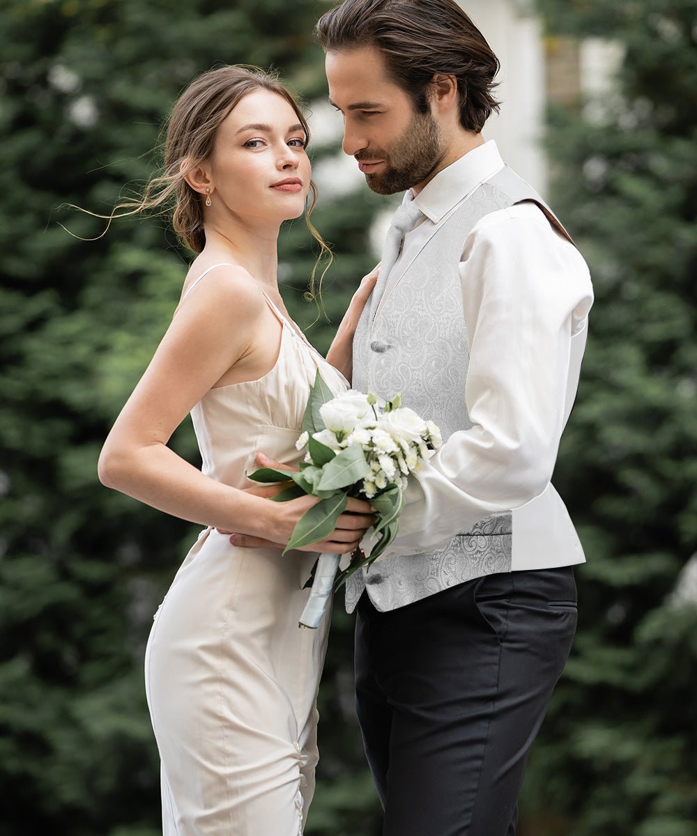 Vittorio Farina Men's Woven Paisley Vest, Necktie, Bow Tie and Pocket Square Set (White Back)