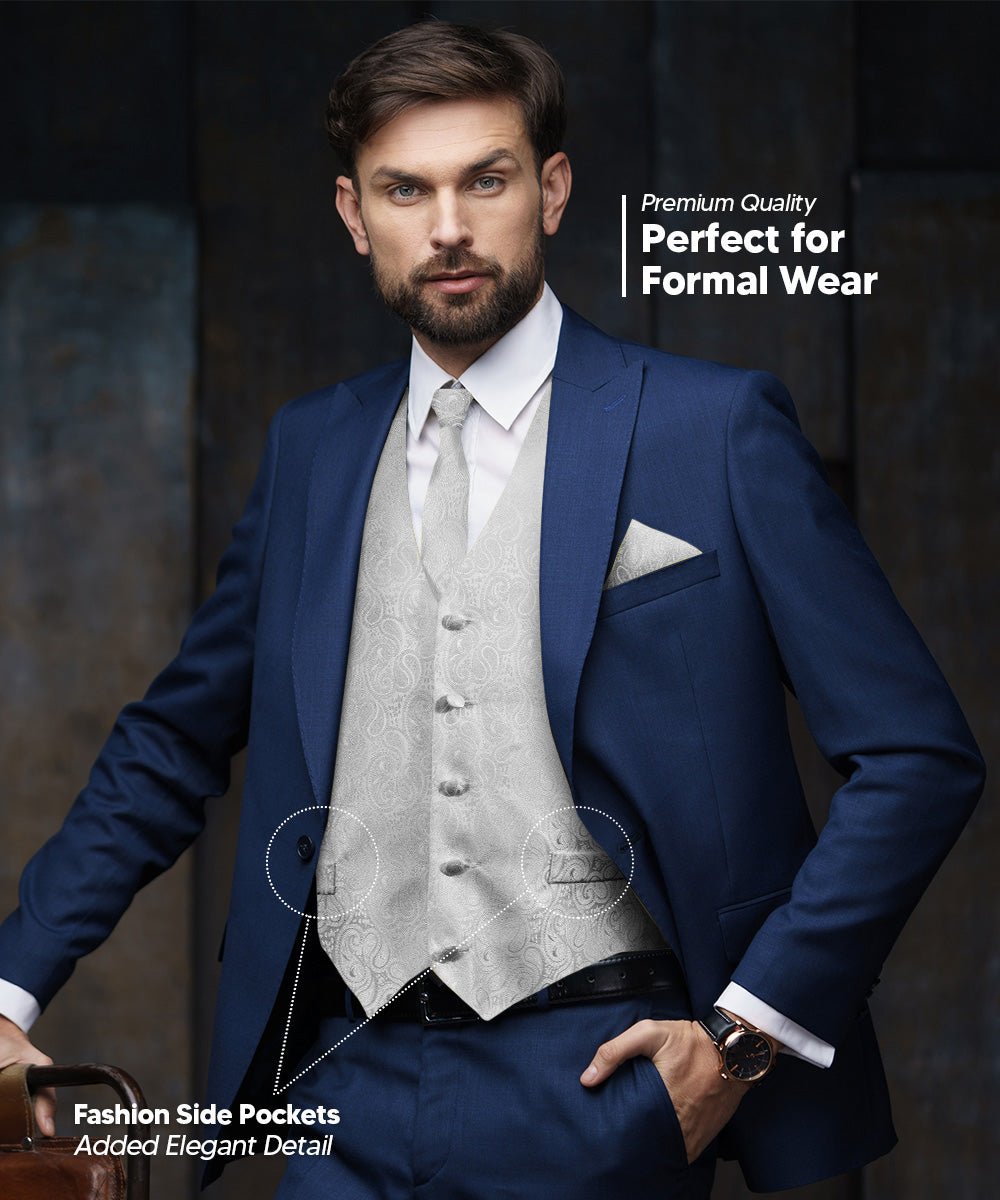 Vittorio Farina Men's Woven Paisley Vest, Necktie, Bow Tie and Pocket Square Set (White Back)