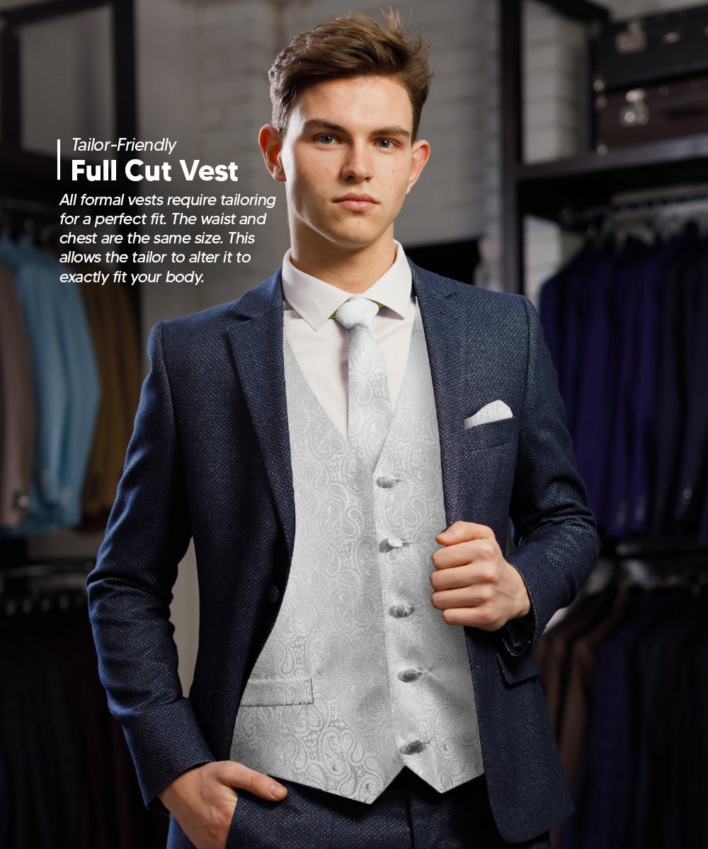 Vittorio Farina Men's Woven Paisley Vest, Necktie, Bow Tie and Pocket Square Set (White Back)