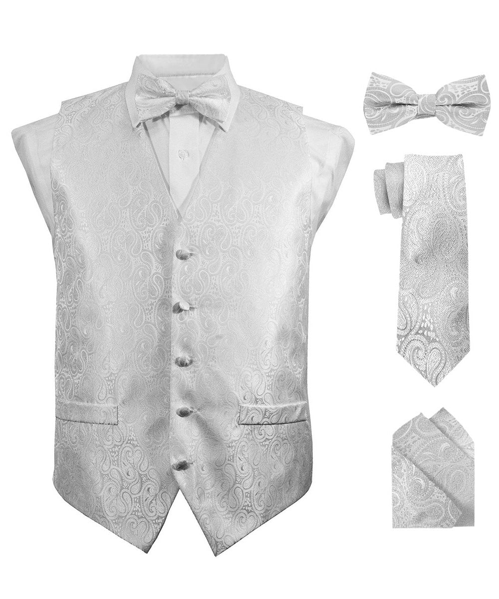 Vittorio Farina Men's Woven Paisley Vest, Necktie, Bow Tie and Pocket Square Set (White Back)