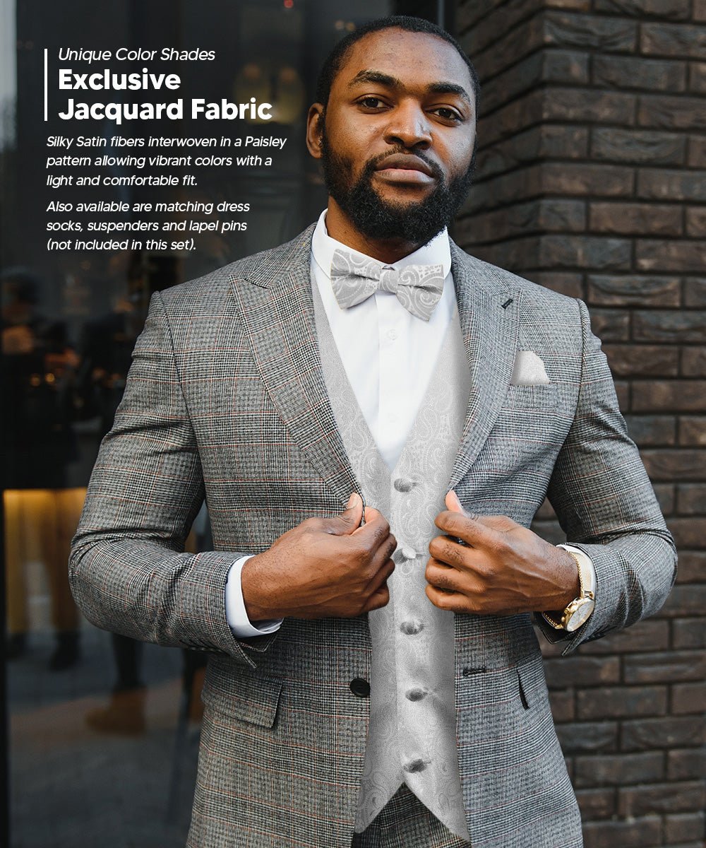 Vittorio Farina Men's Woven Paisley Vest, Necktie, Bow Tie and Pocket Square Set (White Back)