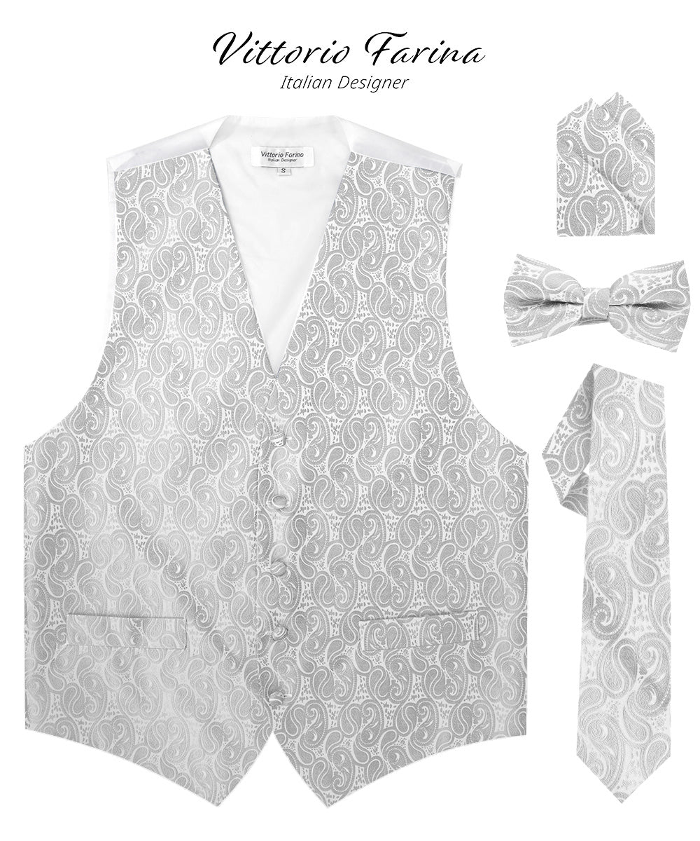 Vittorio Farina Men's Woven Paisley Vest, Necktie, Bow Tie and Pocket Square Set (White Back)