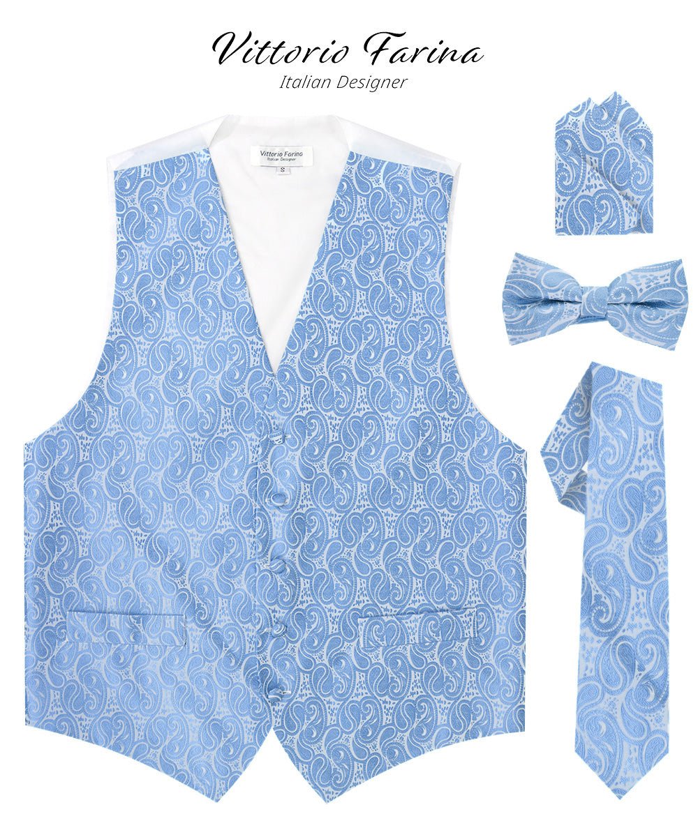 Vittorio Farina Men's Woven Paisley Vest, Necktie, Bow Tie and Pocket Square Set (White Back)