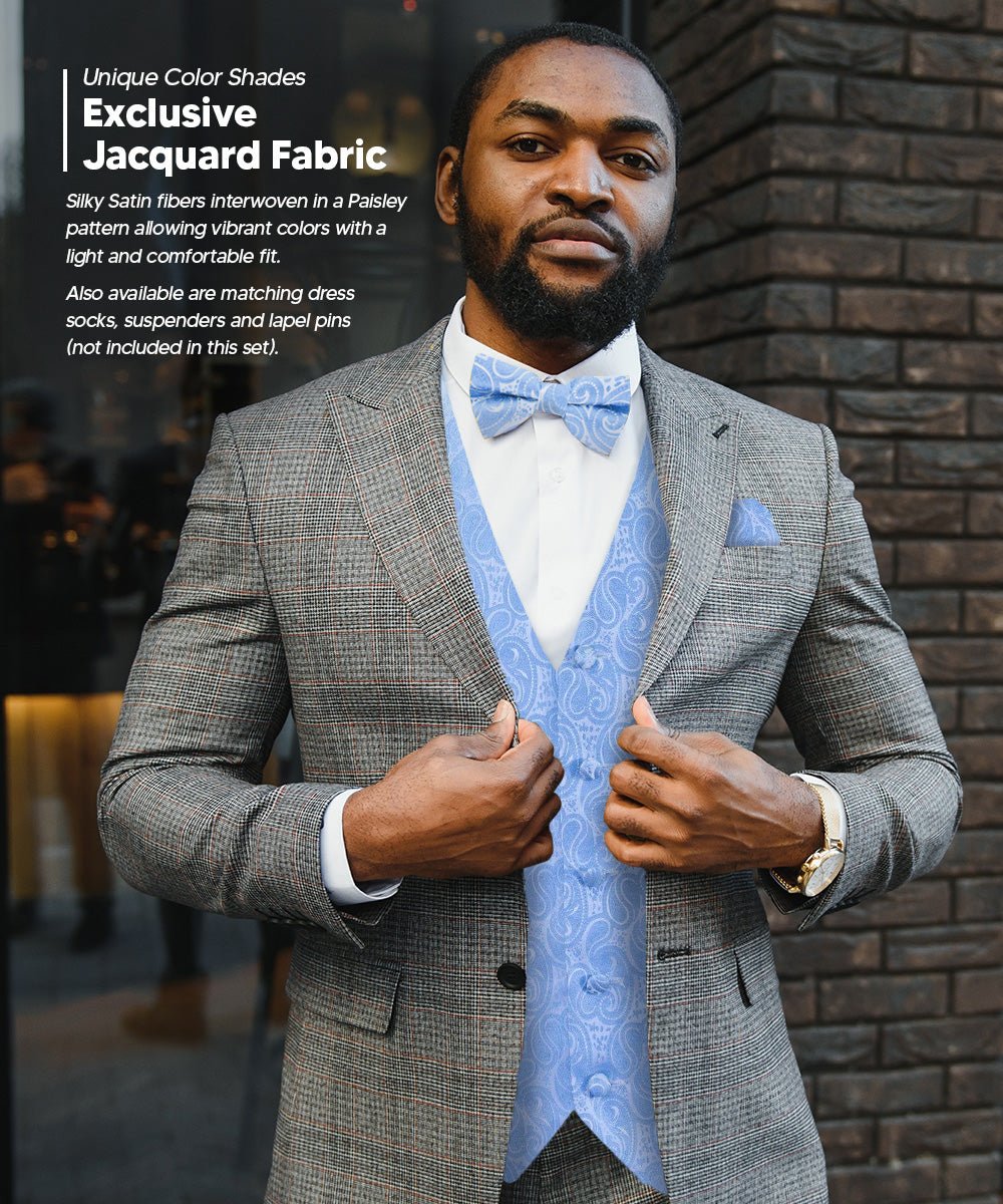 Vittorio Farina Men's Woven Paisley Vest, Necktie, Bow Tie and Pocket Square Set (White Back)