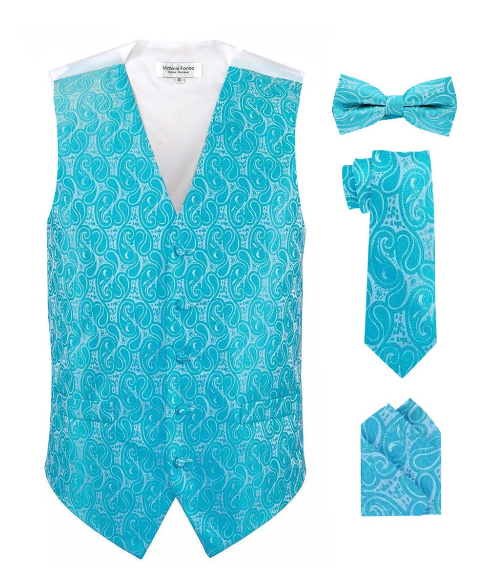 Vittorio Farina Men's Woven Paisley Vest, Necktie, Bow Tie and Pocket Square Set (White Back)