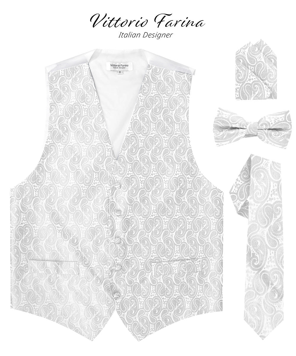 Vittorio Farina Men's Woven Paisley Vest, Necktie, Bow Tie and Pocket Square Set (White Back)