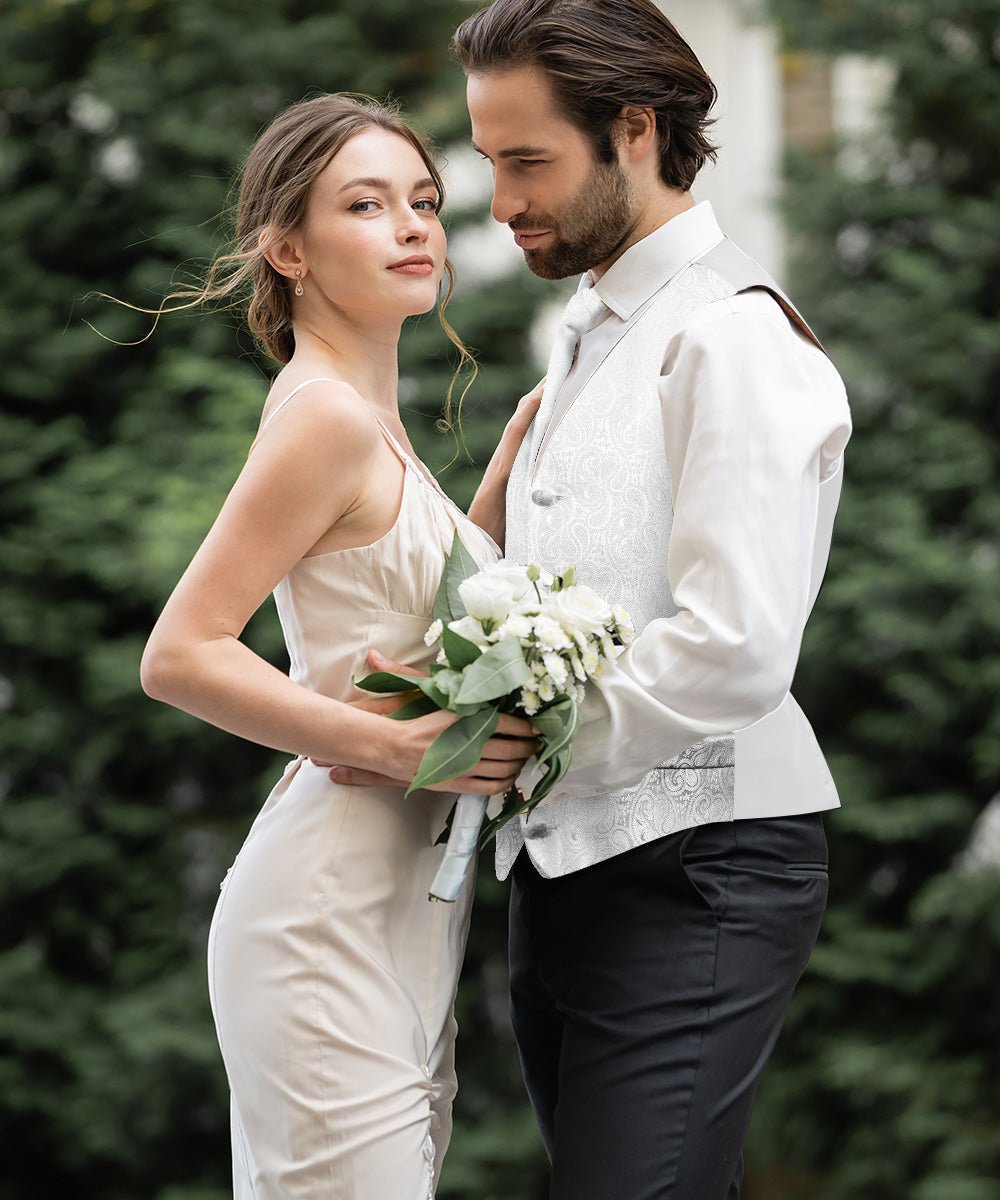 Vittorio Farina Men's Woven Paisley Vest, Necktie, Bow Tie and Pocket Square Set (White Back)